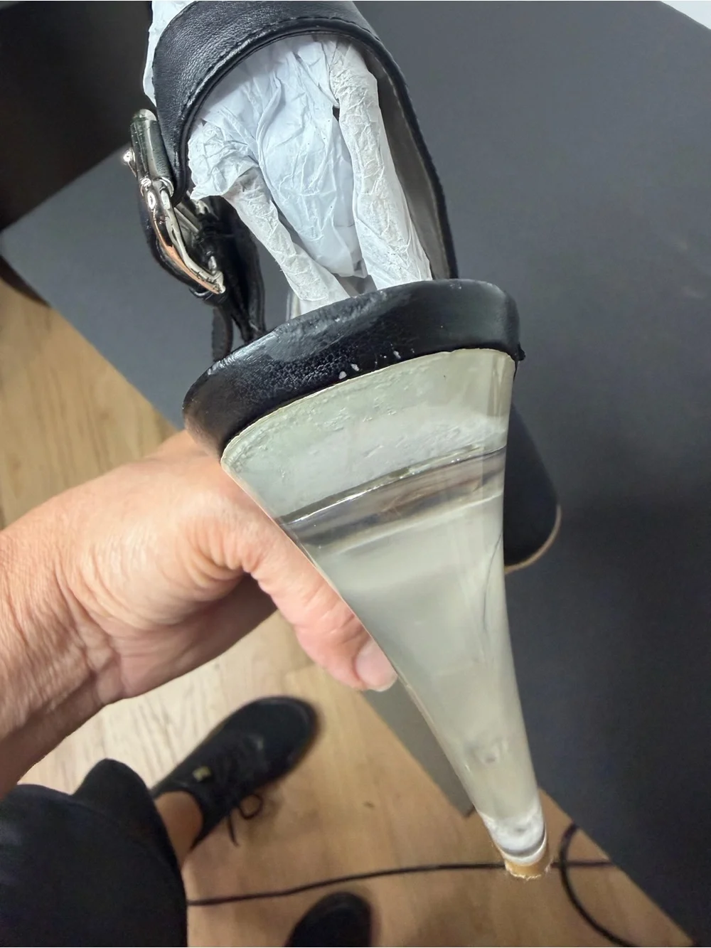 Nine West Black Leather Open-Wedge Slide Sandals with Clear Heel